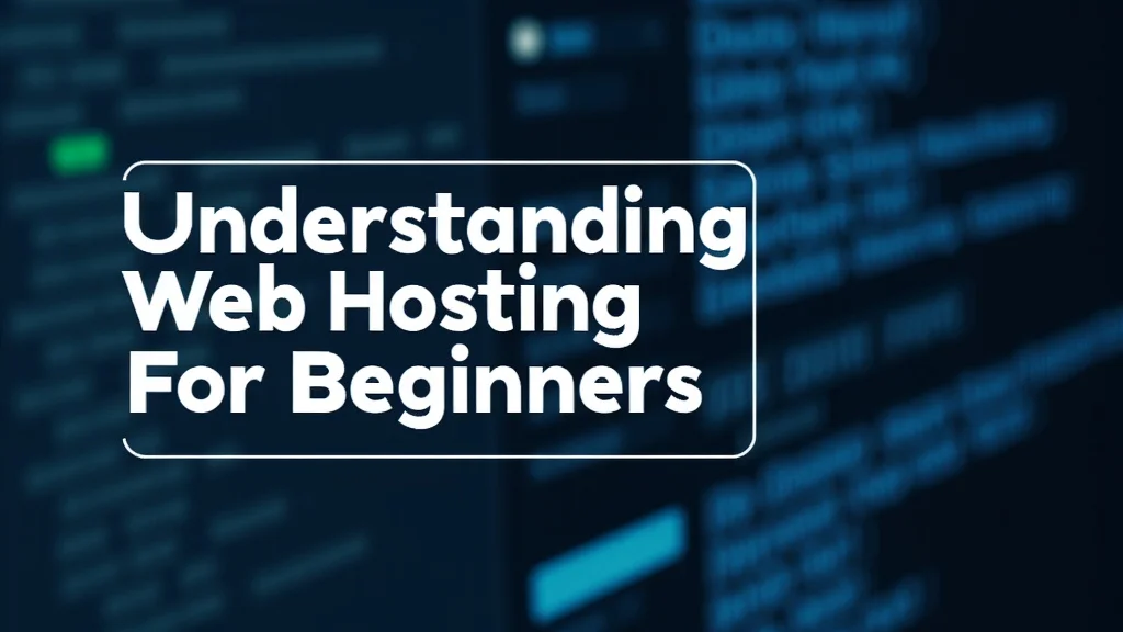 The image shows a server rack and network cables, illustrating concepts for understanding web hosting for beginners.